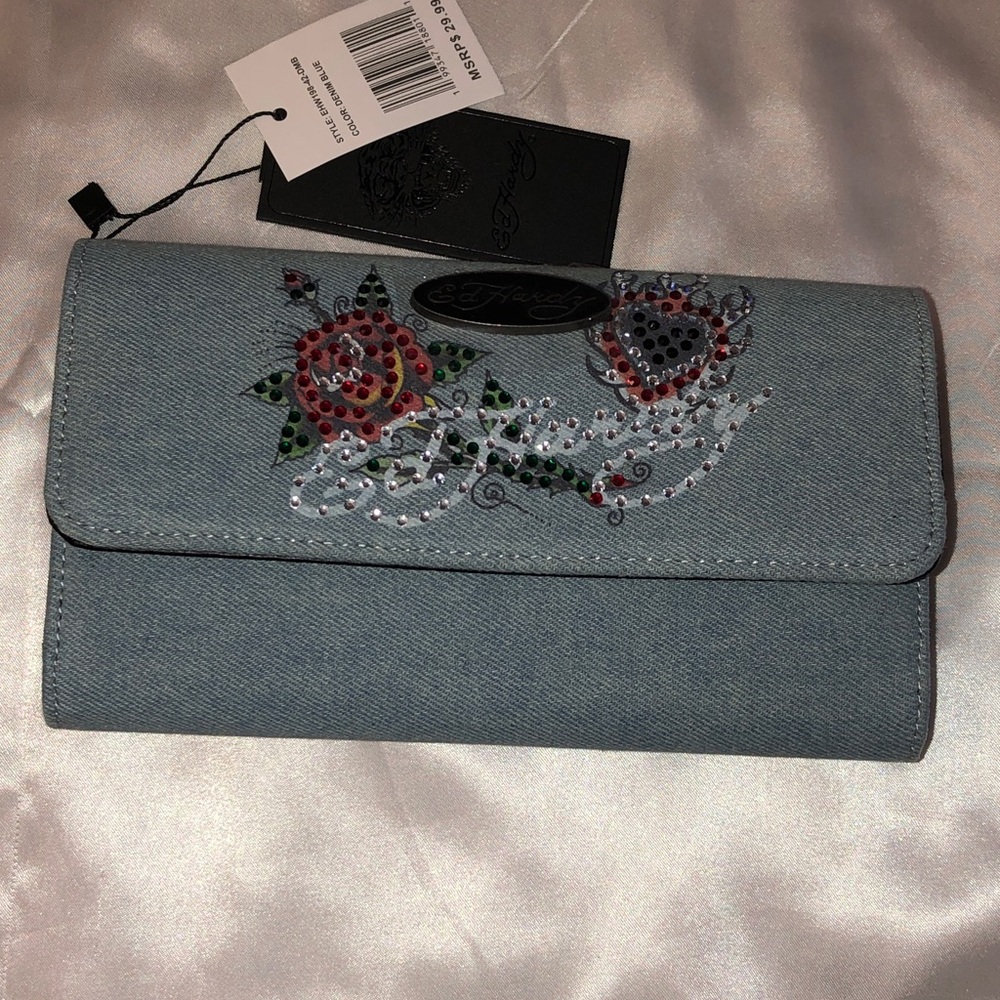 Ed Hardy Denim Blue Flap Wallet Rose & Flaming Heart Rhinestone Accents NWT - Picture 14 of 16